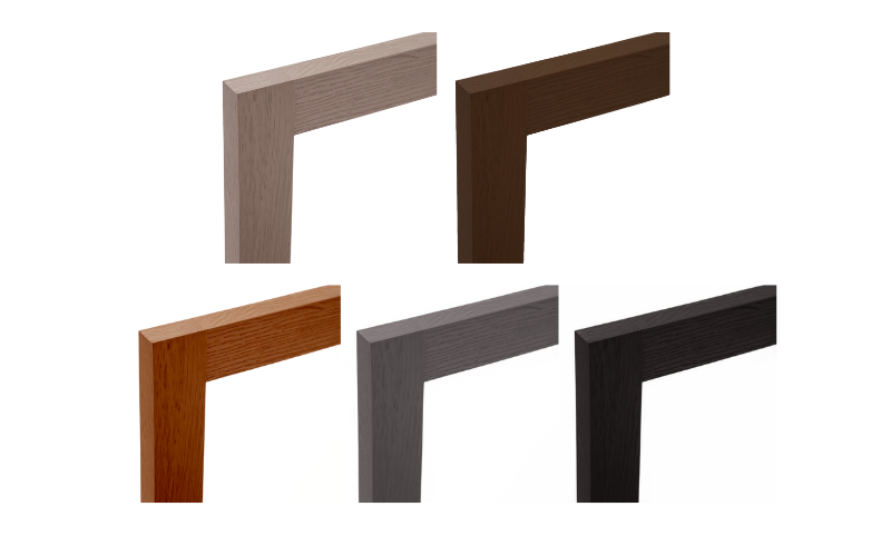 Five wooden picture frames in different colors on a white background